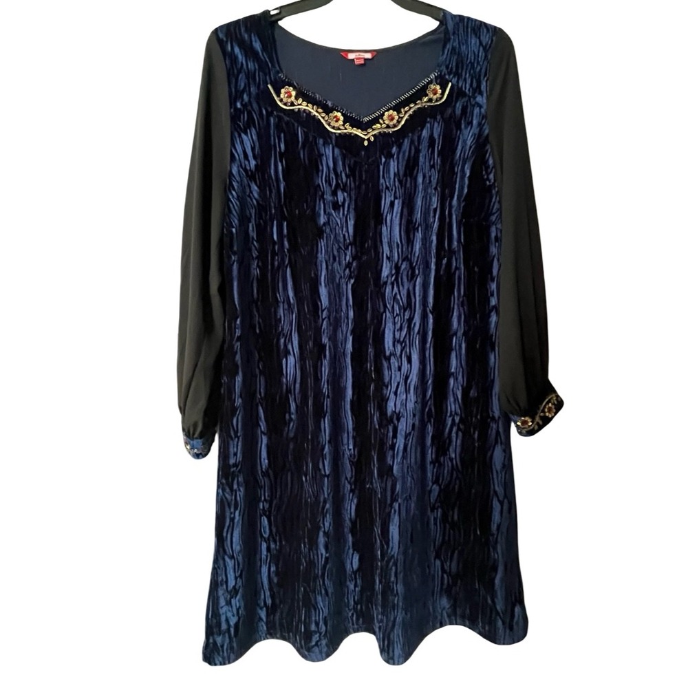 Joe Browns‎ Navy Blue Crushed Velvet Embellished Long Sleeve Dress Size 16